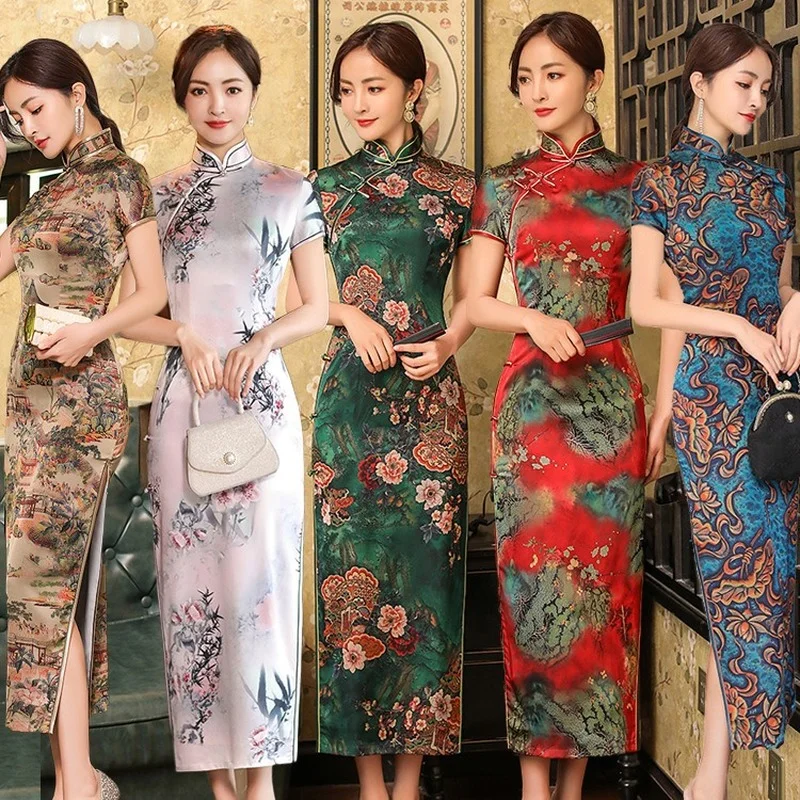 

2023 Summer Cheongsam Long Skirt Qipao Satin Dress Fashionable Chinese Style Plus Size Mother's Double-layer Performance Costume
