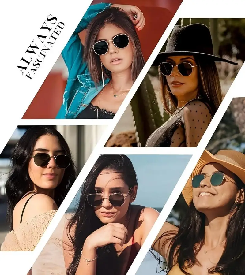 Fashionable metal frame hexagonal coloured lens sunglasses Women's daily street wear accessories Polarised square UV protection