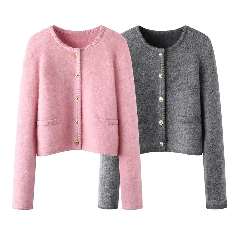 

2023 Spring Short Cardigans Sweaters Knitwear Jackets Women Round Neck Vicose Long Sleeve Solid Commute Pink Cropped Cardigan