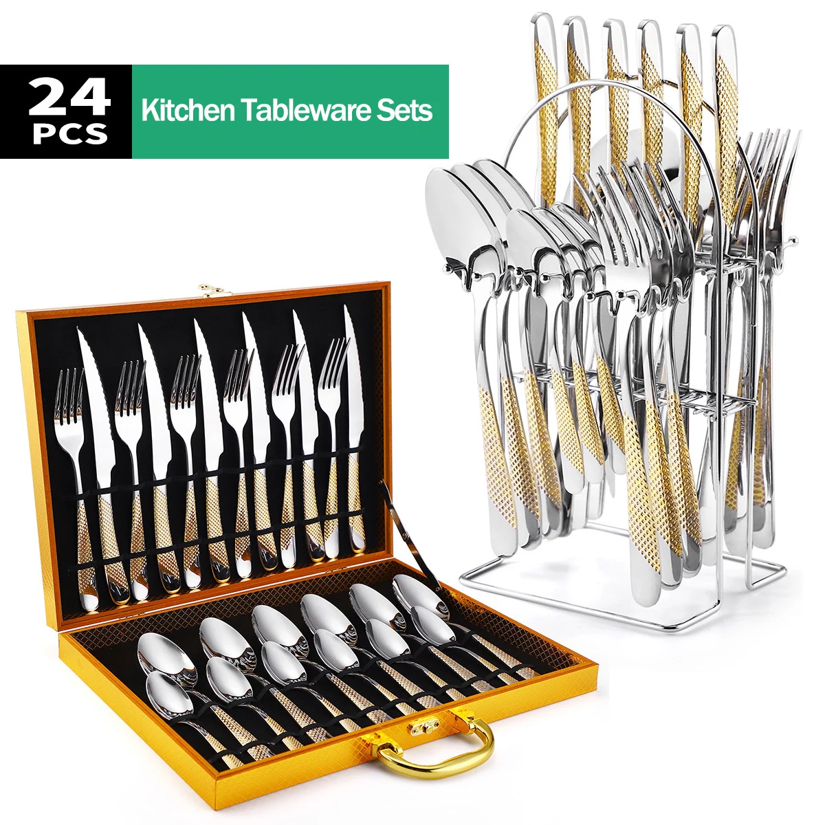XITUO New Complete Tableware Of Dishes 24 Pieces Stainless Steel Gold