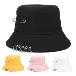 Personality Punk Five Rings Pin Fisherman Hat Male Iron Ring Hat Female Spring and Summer Simple Solid Color Sun Hat Caps