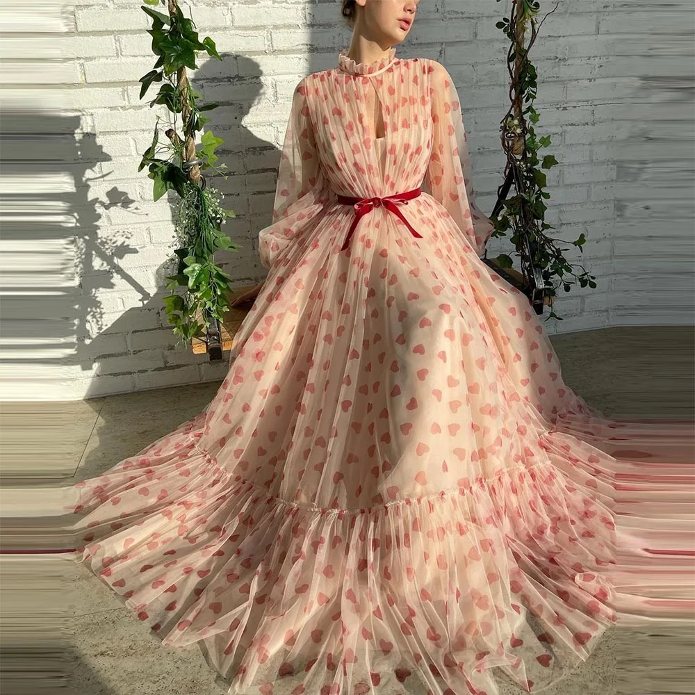 

Sevintage Elegant Hearts Tulle Long Prom Dresses High-Neck Long Sleeves Pleat Ruched A-Line Evening Gowns Formal Party Dress