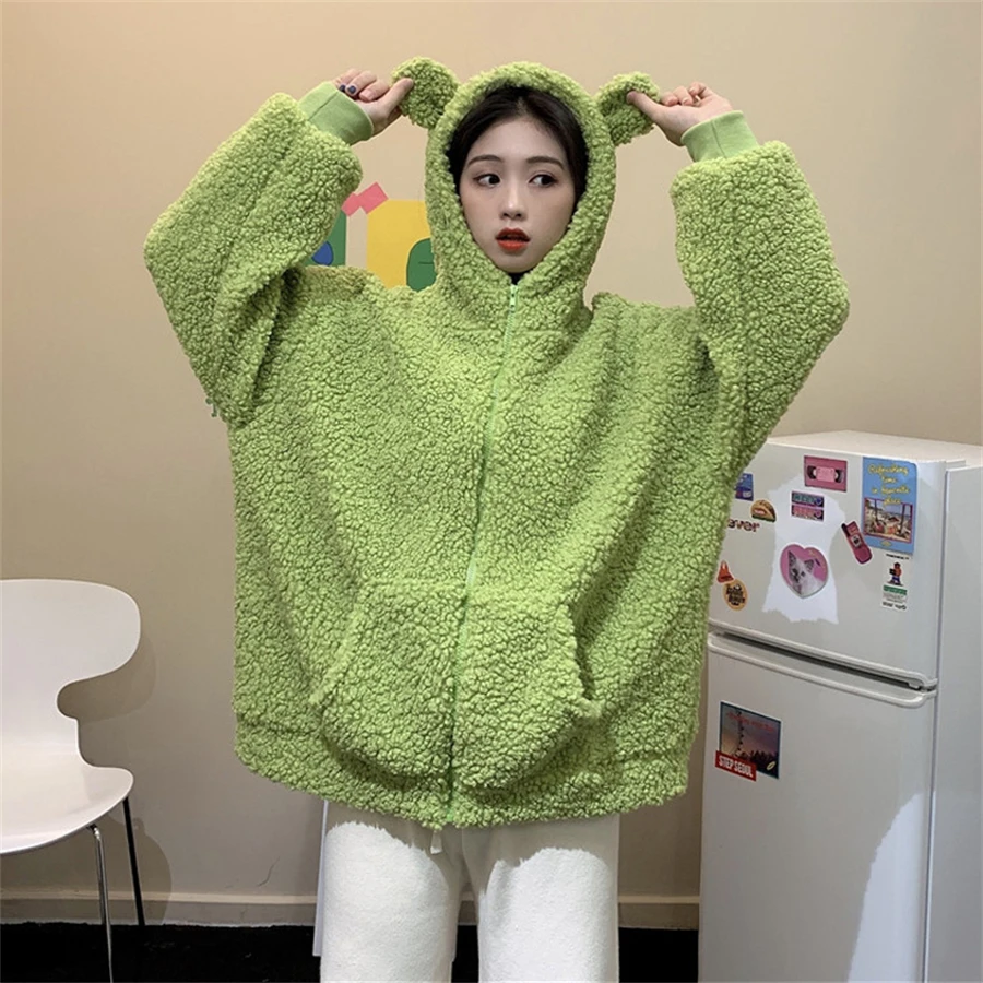 

Новинка Осень-зима 2024, свободный и милый свитер с капюшоном из овечьей шерсти, плюшевый студенческий свитер на молнии с длинным рукавом для женщин