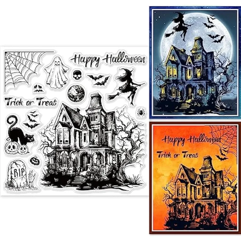 Halloween Stempel & Stanzformen Set - Gruselhaus, Fledermäuse Für Kartenbasteln
