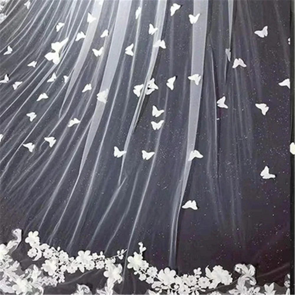 Bridal Veil Wedding Long Lace Edge 3D Butterfly Floral Appliques Face-Covered Cathedral With Comb White Ivory