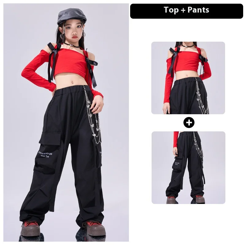 Hip hop girls’ silver vest and blue pants dance outfit for kids' street jazz performance. red