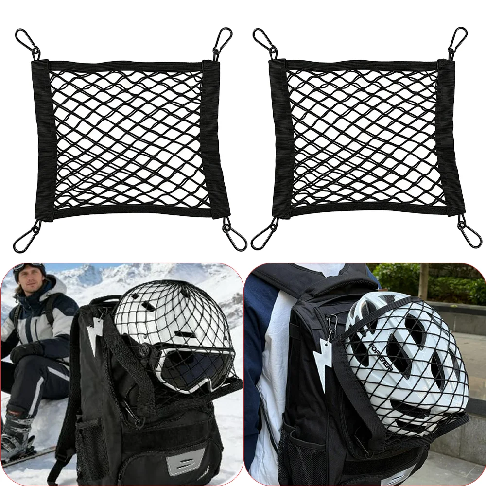 Mochila deportiva con soporte para casco, bolsa de almacenamiento de malla, red de almacenamiento elástica, 4 mosquetone