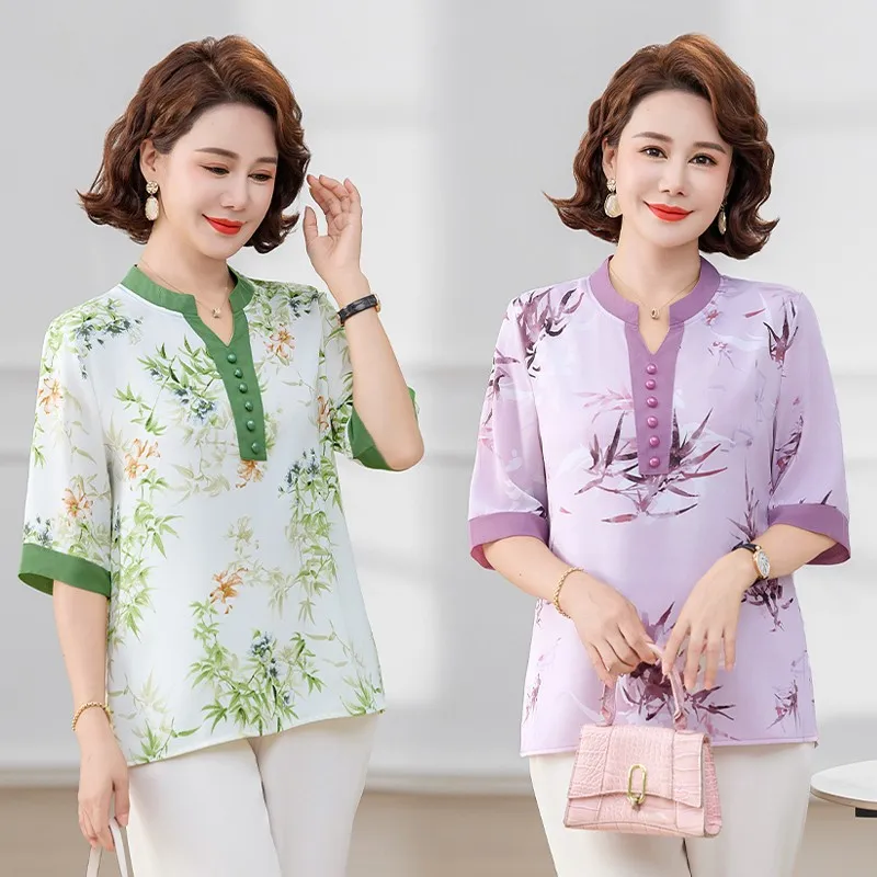 Summer Half sleeved Shirt Fashion Commute All-match Elastic Printed Button Round Neck Loose Women's Blouses Tops 1