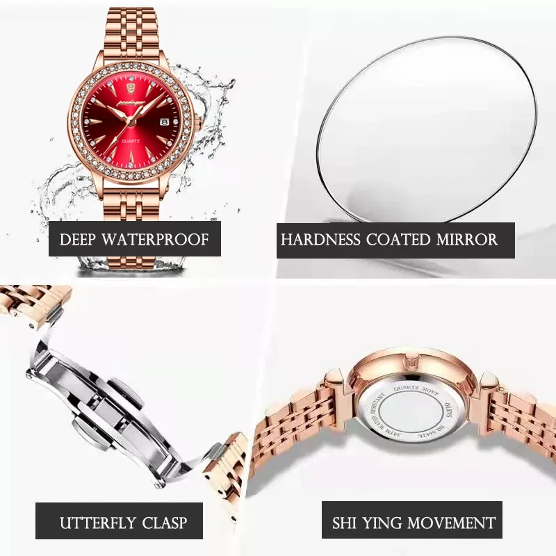 POEDAGAR Women's Watches Elegant Fashion Original Quartz Watch for Girl Diamond Bezel Waterproof Stainless Steel Luminous Date 5