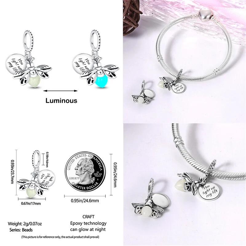 Hot Sale 925 Silver Color Fireflies Bees Stars Turtles Luminous Charms Beads Fit Pandora 925 Original Bracelets DIY Jewelry Gift