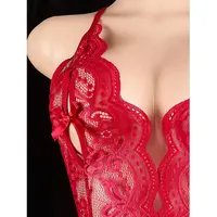 Sous-vêtements en dentelle à entrejambe ouvert pour femmes, soutien-gorge une pièce, culotte, Costumes érotiques sans entrejambe, costume de corps rouge chaud, perle, grande taille, string Sexy 3