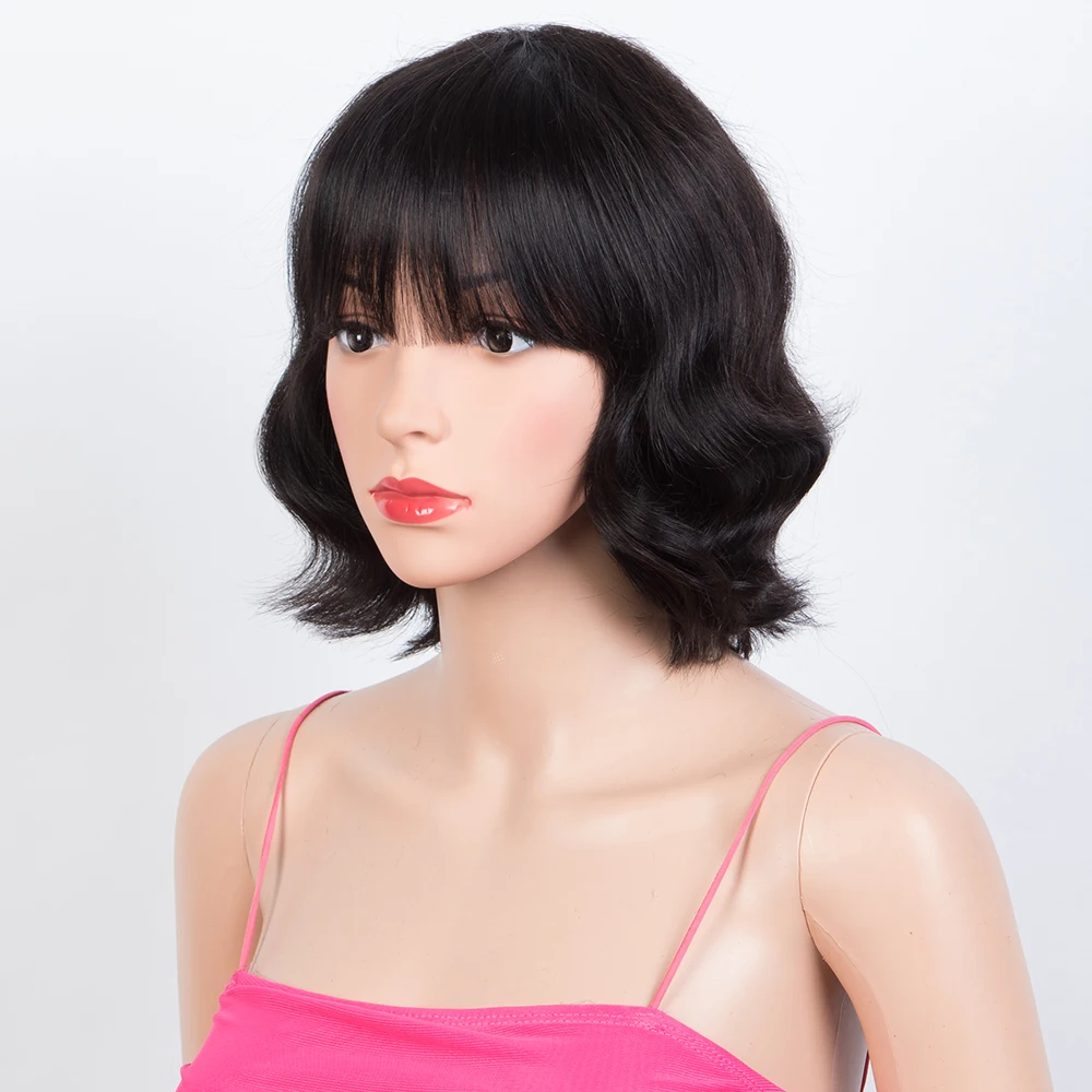 여성용 짧은 웨이브 밥 인모 가발, 앞머리 포함, 브라질 레미 헤어, 딥 웨이브 가발, 풀 머신 메이드 가발