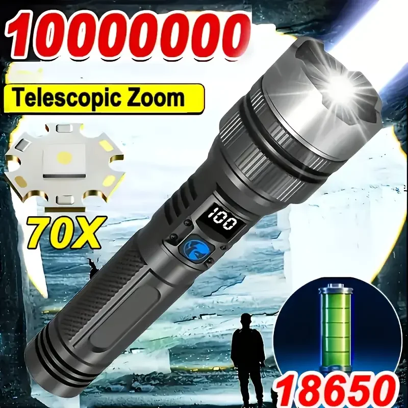 Lampe de poche LED ultra lumineuse, torche à zoom tactique portable, lanterne de secours rechargeable pour le camping, la randonnée et l'urgence