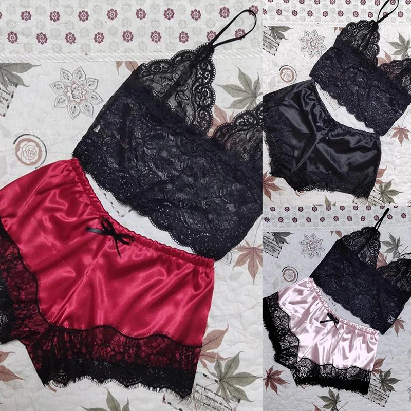 2PCS Womens Lace Sleepwear Lingerie Tops Shorts Set Babydoll Pajamas Nightwear women pajamas set,women pajama suit