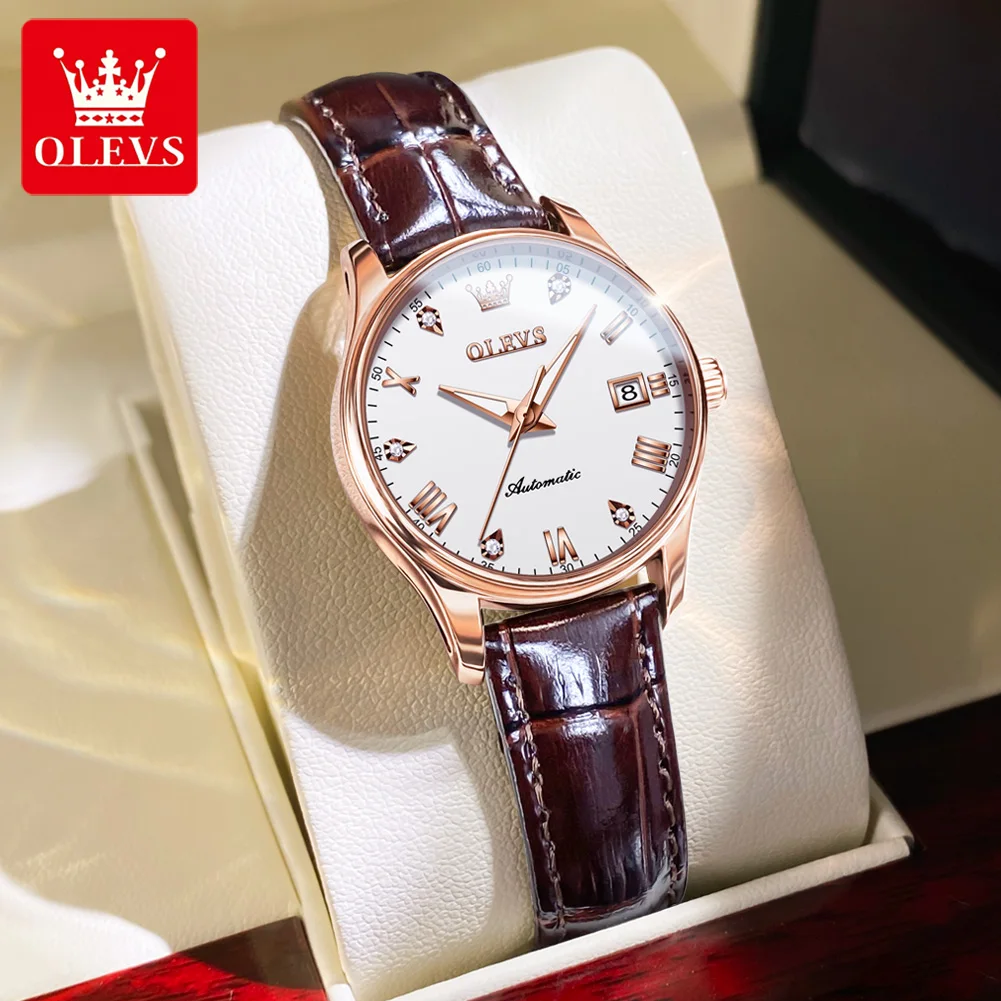 

OLEVS 2023 New Automatic Winding Women Watch Genuine Leather Waterproof Date Mechanical Wristwatch Ladies Relogio Feminino