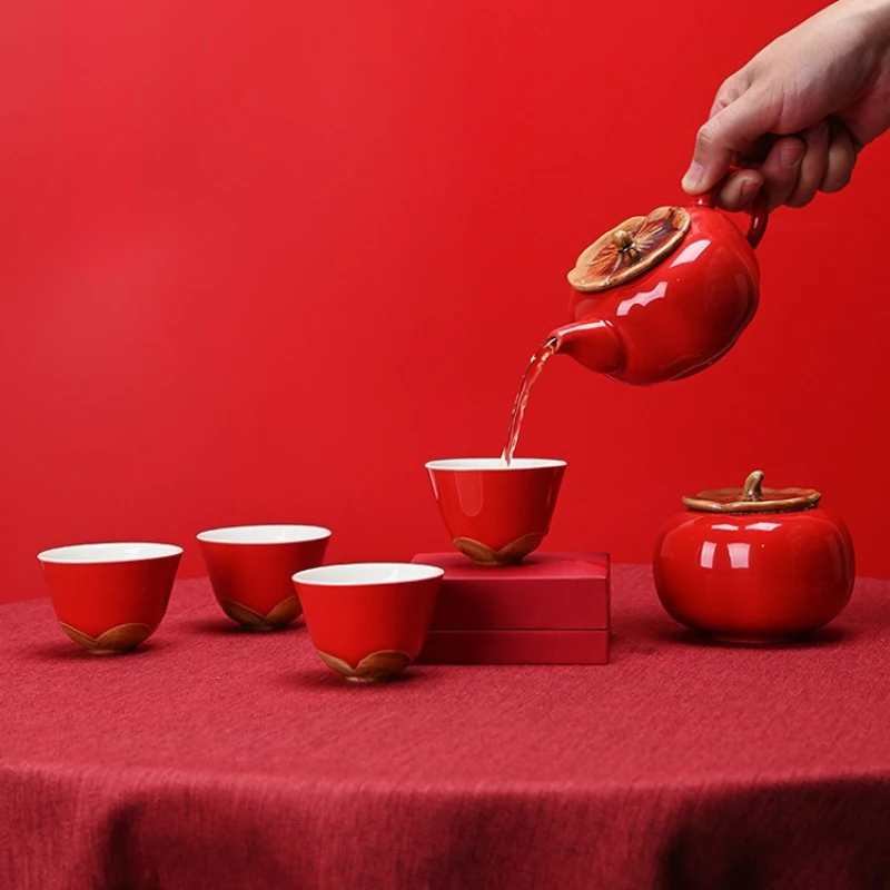 Lucky Persimmon RedTeaSet GiftBox - Chinese Festive Ceramic Tea Ware for Clients Business Gifts & Home DecorationElegant Present