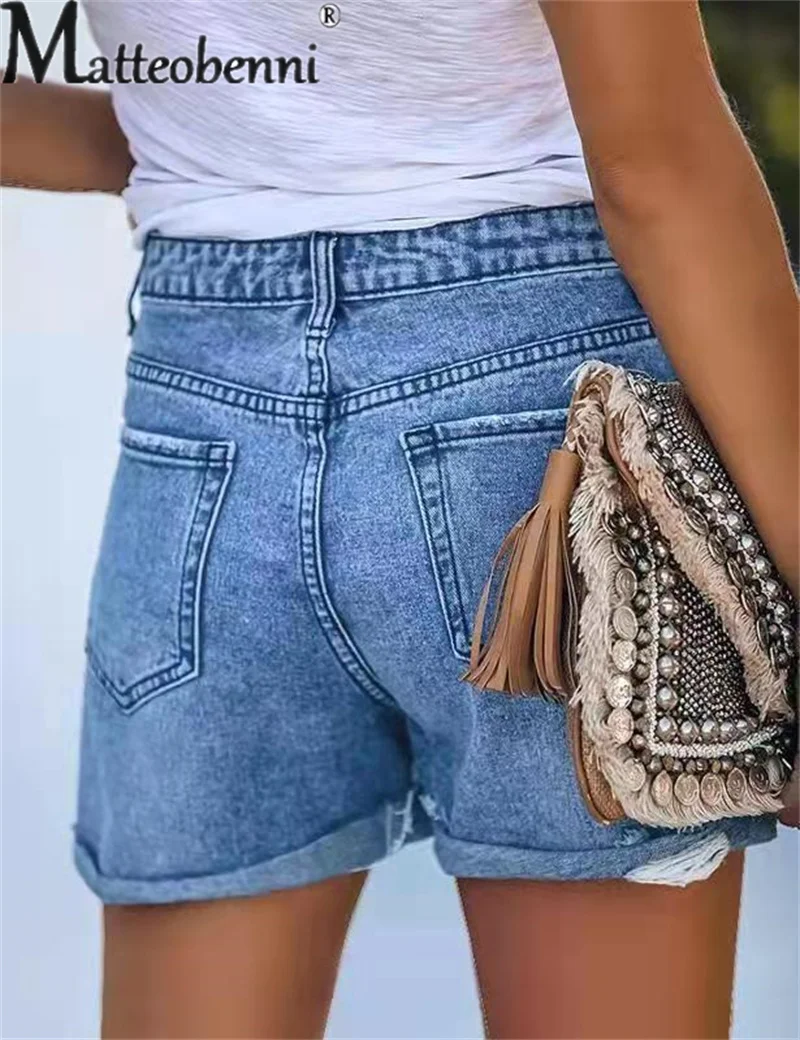 Summer Commuter Straight Denim Shorts Female Ladies Holes Cotton Five-quarter Length Trousers Women's 5-quarter Jeans Streetwear