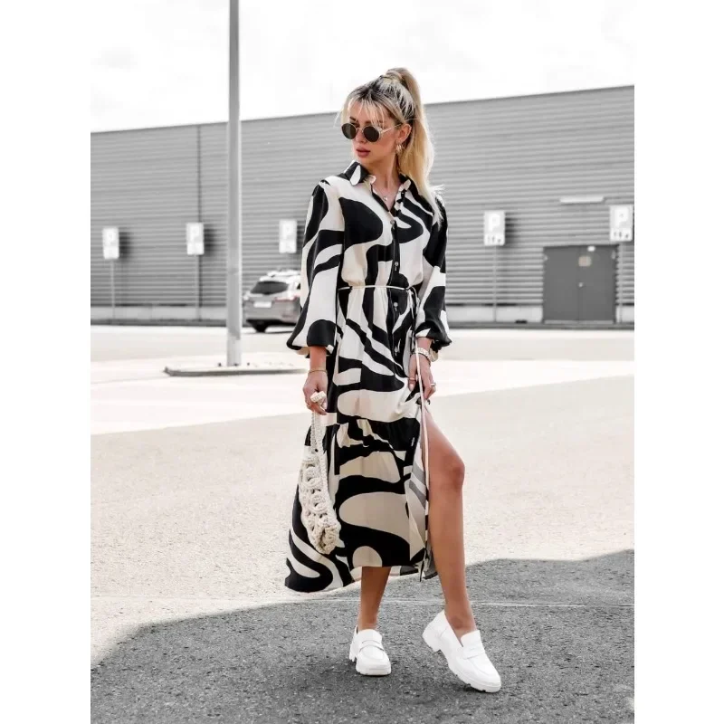 

Женское однобортное платье-рубашка с высокой талией, свободного покроя