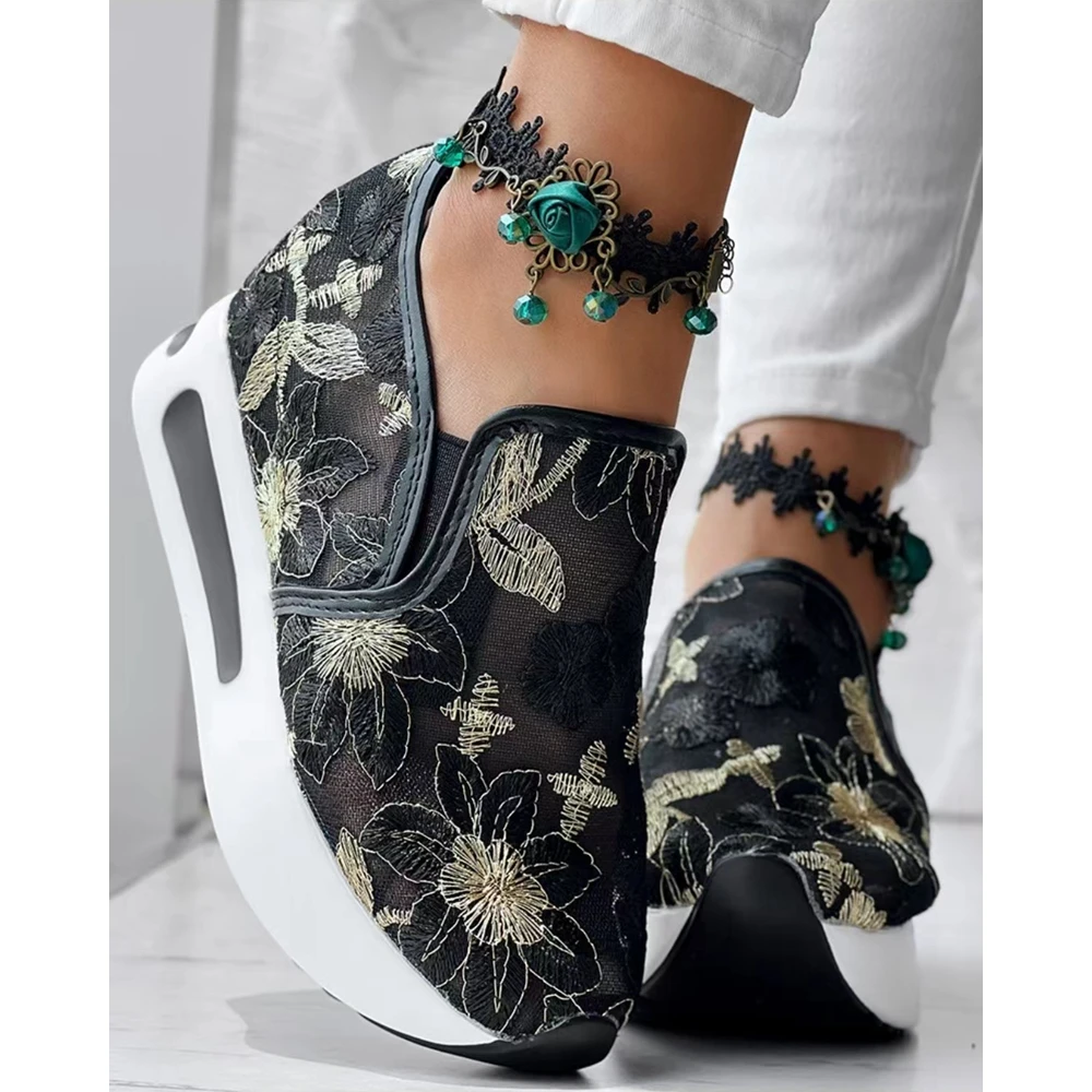 Women Going Out Floral Pattern Round Toe Mesh Sneakers Spring Fashion Casual Round Toe Platform Slip-on Shoes Flats Canvas