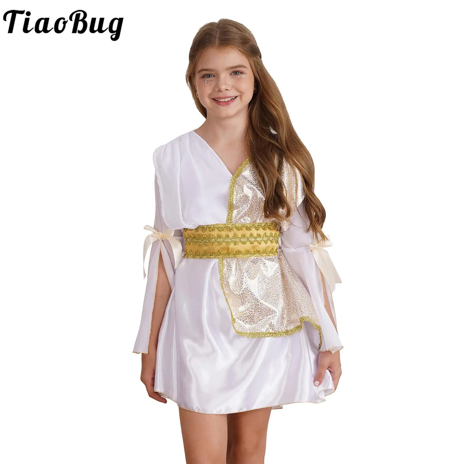 

Kids Girls Ancient Greek Athena Queen Princess Costume Halloween Carnival Cosplay Long Sleeve Gold Lace Dress with Waistband