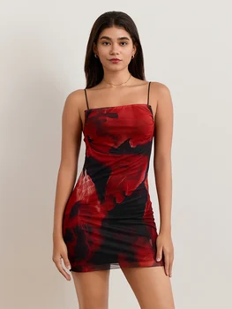 Women's Bodycon Mini Dress Sleeveless Spaghetti Strap Cowl Neck Abstract Print Dress Casual Night Out Dress 2