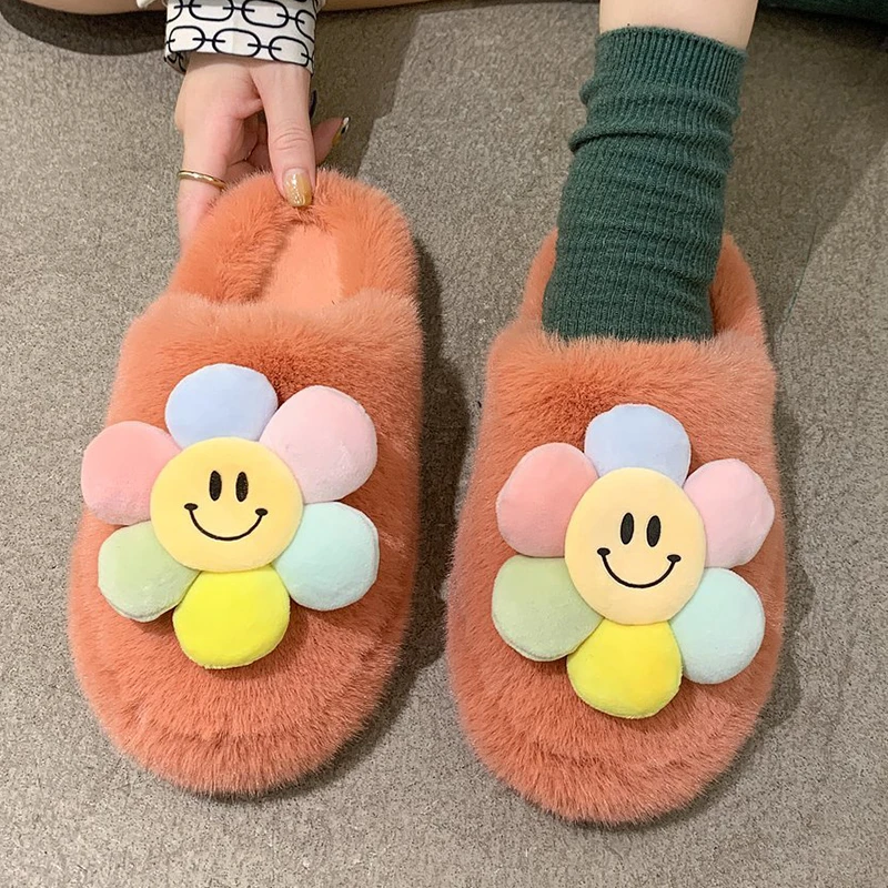Indoor Slippers for kid Lovely Sun Flower Women Slippers Winter Bedroom Warm Fuzzy Fluffy Flat Shoes Home Slippers Baotou Lazy Thick Fur Slides indoor shoes slippers