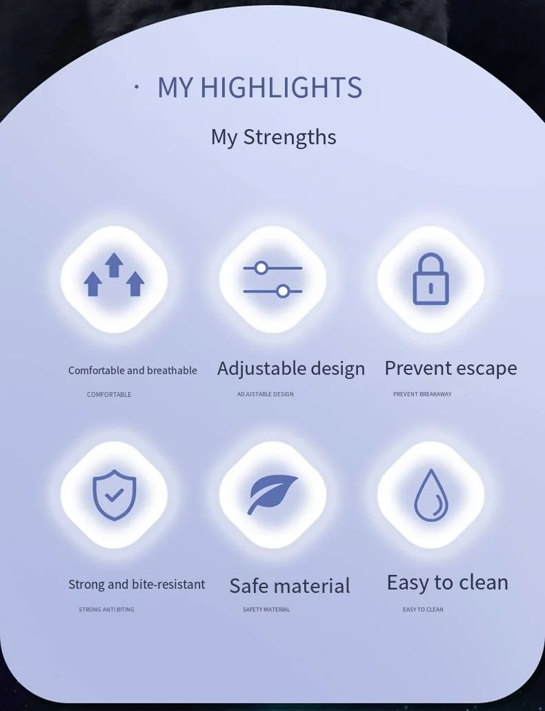 An infographic listing the six key strengths of the cat headgear: breathable, adjustable design, prevents escape, bite-resistant, safe material, and easy to clean.