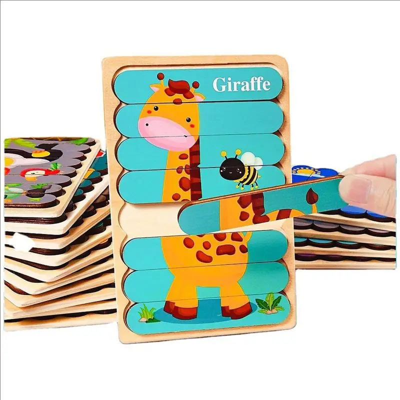 Baby Wooden Montessori Puzzle Child Game Wooden Puzzle 3D Cartoon ...