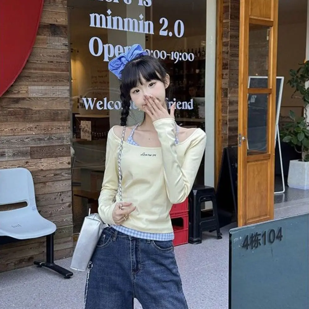 Ins Style Blue Grid Long Sleeve T-shirt Simple Lace Slim Thin Pullover Bottoming Shirt Undershirt Crop Top Women Y2k Autumn