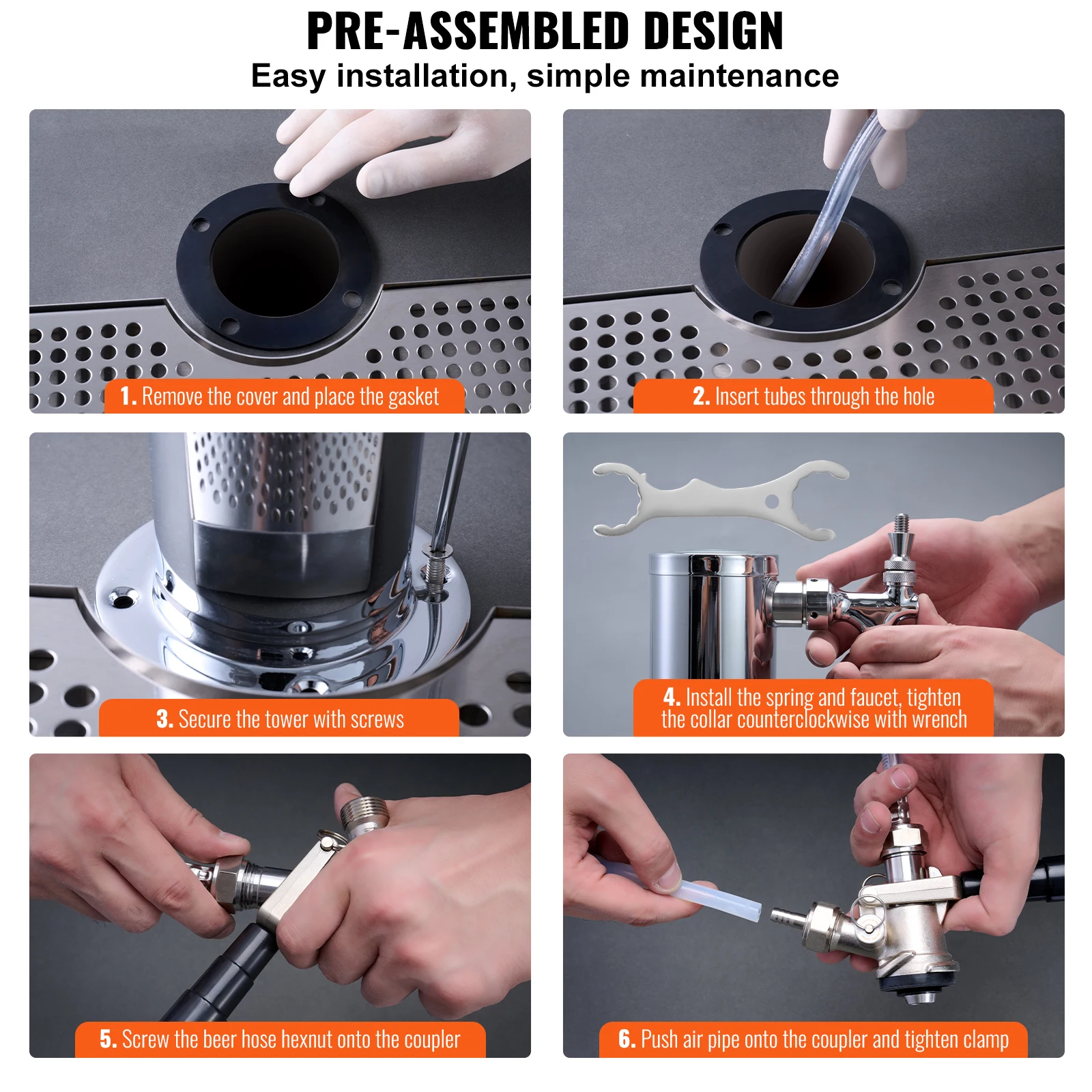 VEVOR Kegerator Tower Kit Single Tap Beer Conversion Kit Stainless Steel Keg Beer Tower Dispenser Drip Tray for Party Home