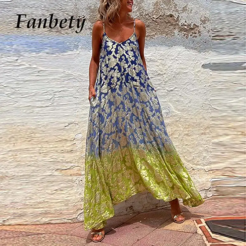 

Sexy Sleeveless Boho Beach Long Dress Women Loose Pocket Pattern Party Dress Summer Chic Spaghetti Strap Retro Print Maxi Dress