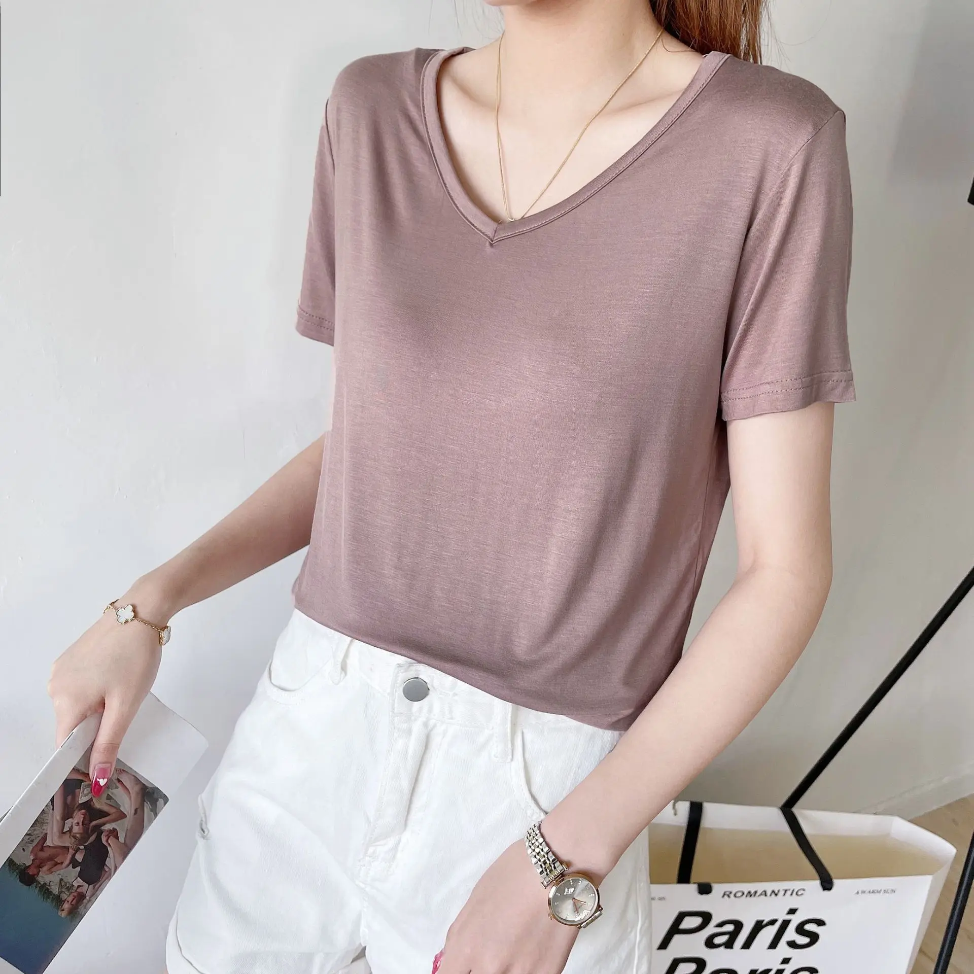 Summer V-neck Tshirt Elegant Tee tops Casual loose Bottoming T-shirts Solid color Fashion Top All match 4