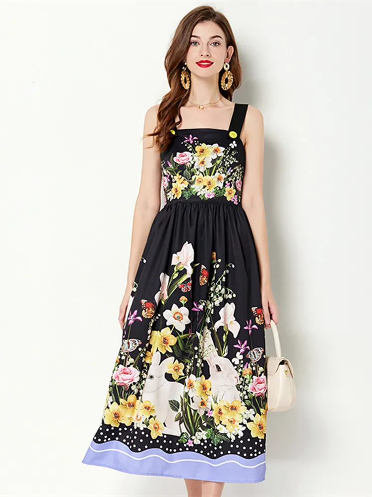 

JAMERARY Summer Holiday Rabbit Flower Dress Women's Strap Floral Sling Sundress Print Zipper Backless Party Robe Long Vestido