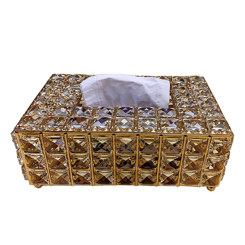 

Tissue Box New Home Decorative Container Luxury Gold Facial Car Holders Cover Metal Glass Paper Rhinestones Crystal Tissue Box