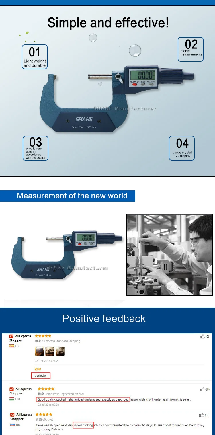 Description Picture 6 of itemSHAHE 50-75mm 0.001mm Digital Micrometer Electronic Digital Outside Micrometer 0.001mm