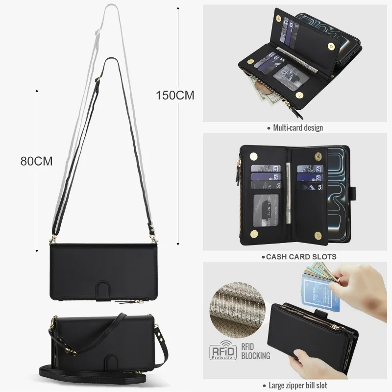 Sleek Crossbody Leather Wallet Phone Case & Zipper Card Holder Bag