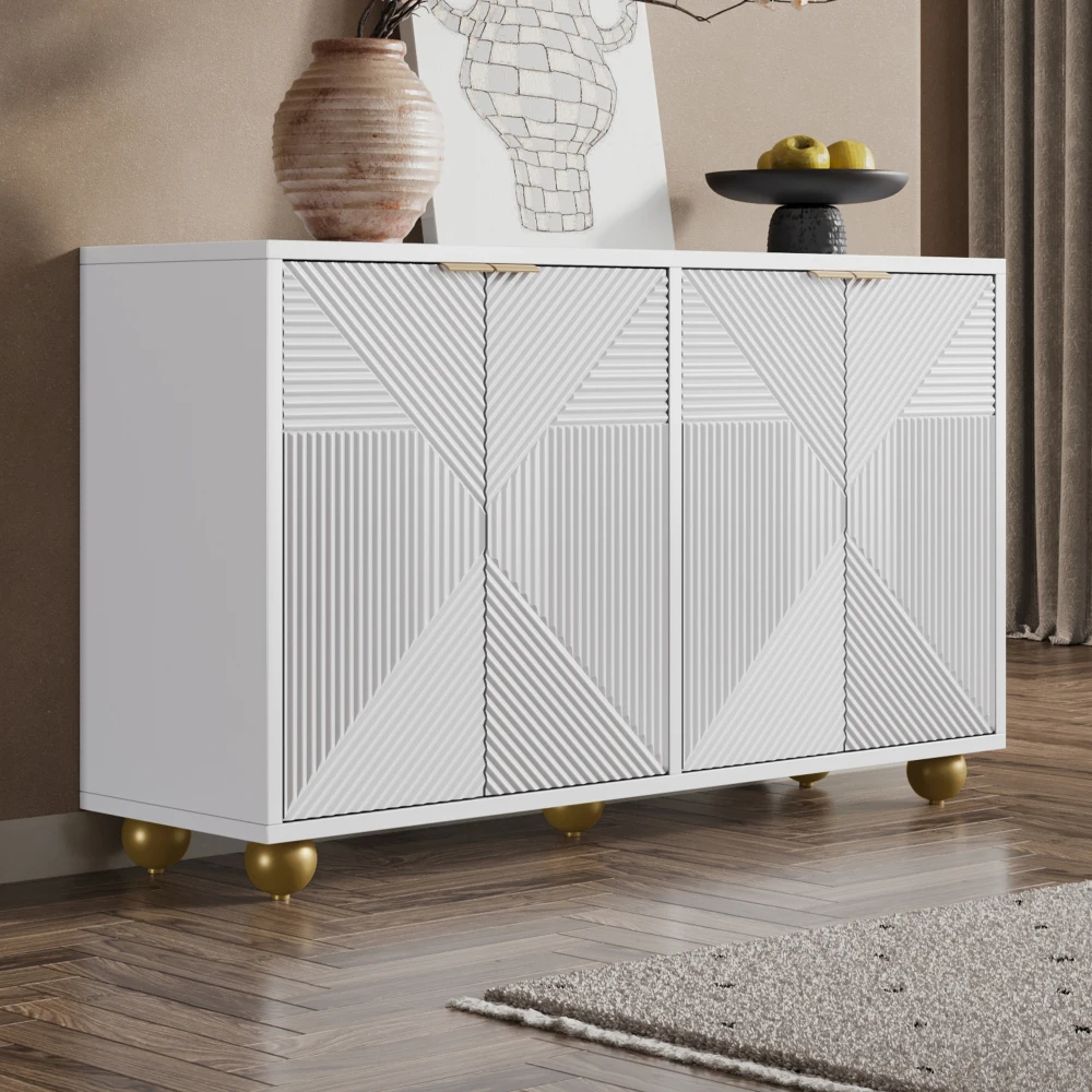Elegantes Sideboard mit vier Türen | Verstellbare Innenböden, Metallgriffe und klassische kugelförmige Beine, Aufbewahrungsschrank – Detail 23