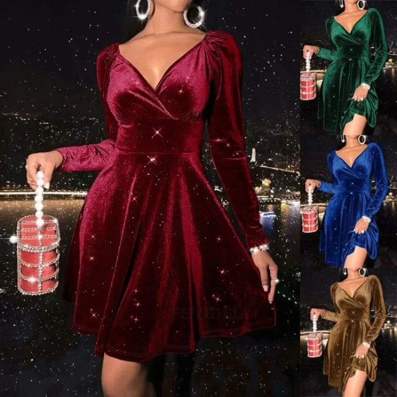 

Size Fall Holiday Dress for Women 2024 Corduroy V-neck Long Sleeve Elegant Party Christmas Midi Dresses Luxury Clothes YDL14