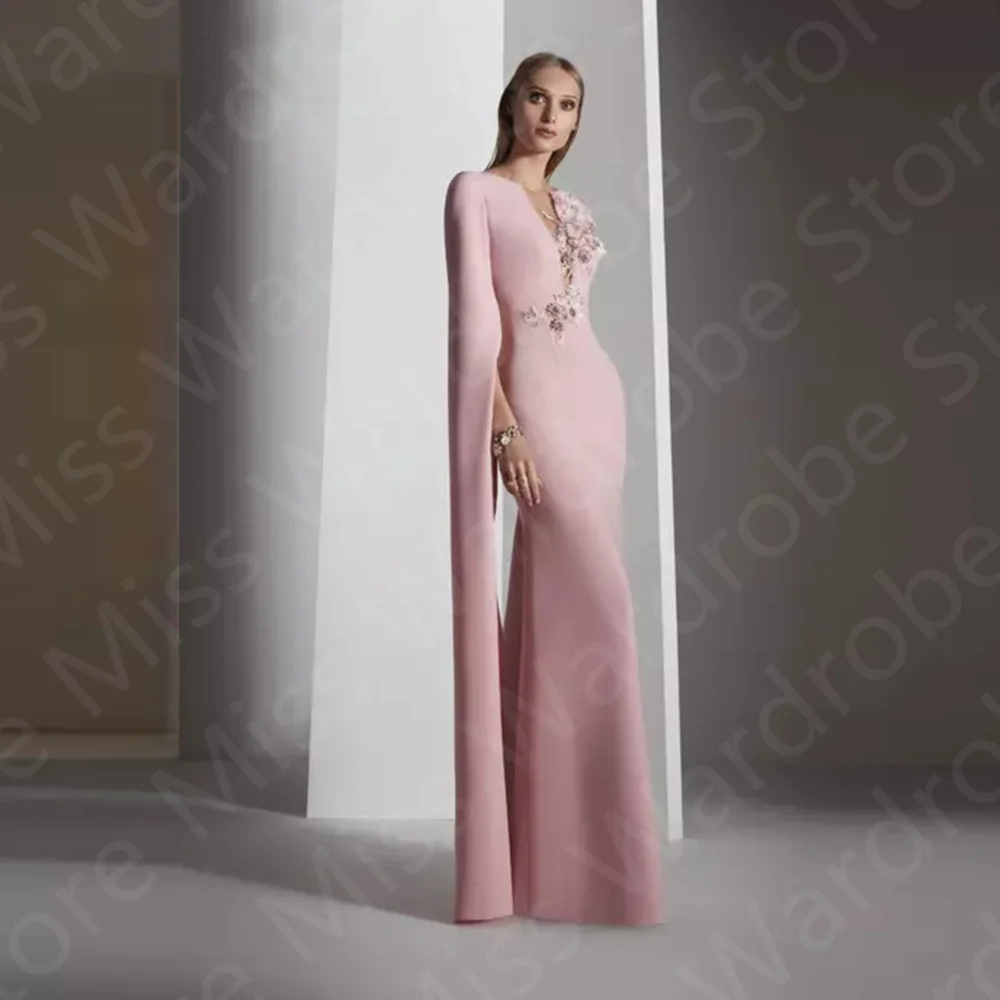 

Gorgeous 2023 Pink Mother Dresses Long Sleeves of the Bride Gowns V Neckline Wedding Party Illusion Back Flowers
