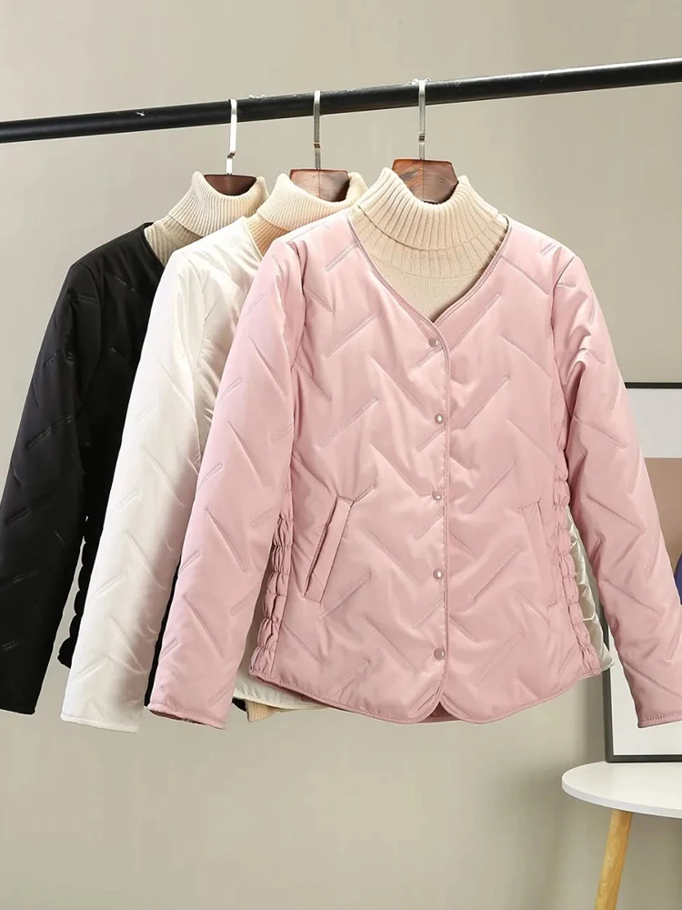 Ultra Light Chic Pink Women Warm Parkas Jackets Korean Slim V-neck Interior Lightweight Parcas Jaqueta Casual Classic Chaquetas