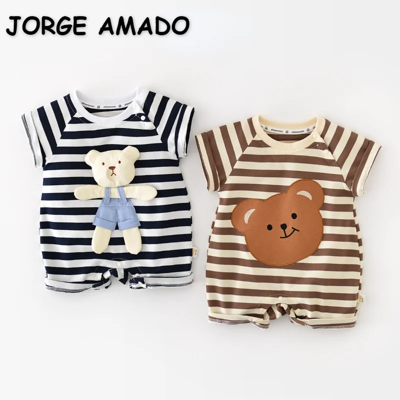 

New Summer Baby Girl Boy Cotton Rompers Cute Cartoon Little Bear Stripe Round Collar Short Sleeve Jumpsuit Infant Clothes E30001