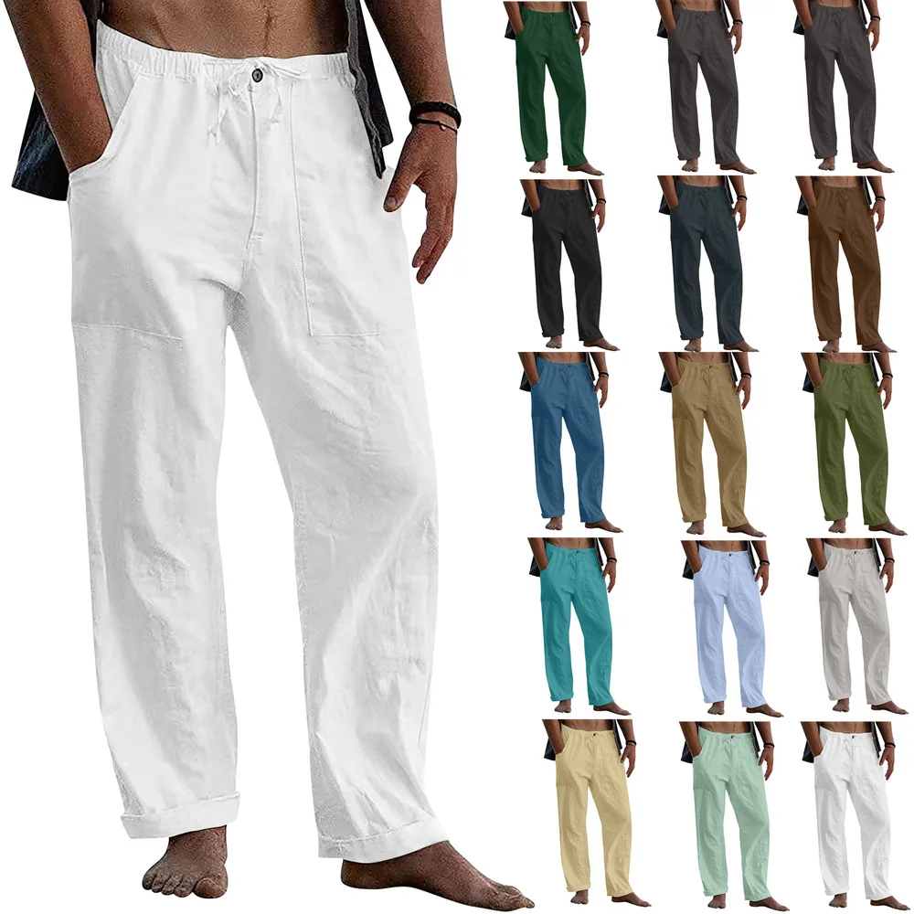 COJCOIHN Casual Cotton Linen Pants for Men Summer High Waist Drawstring  Solid Color Summer Beach Tousers with Pockets at Amazon Men's Clothing store