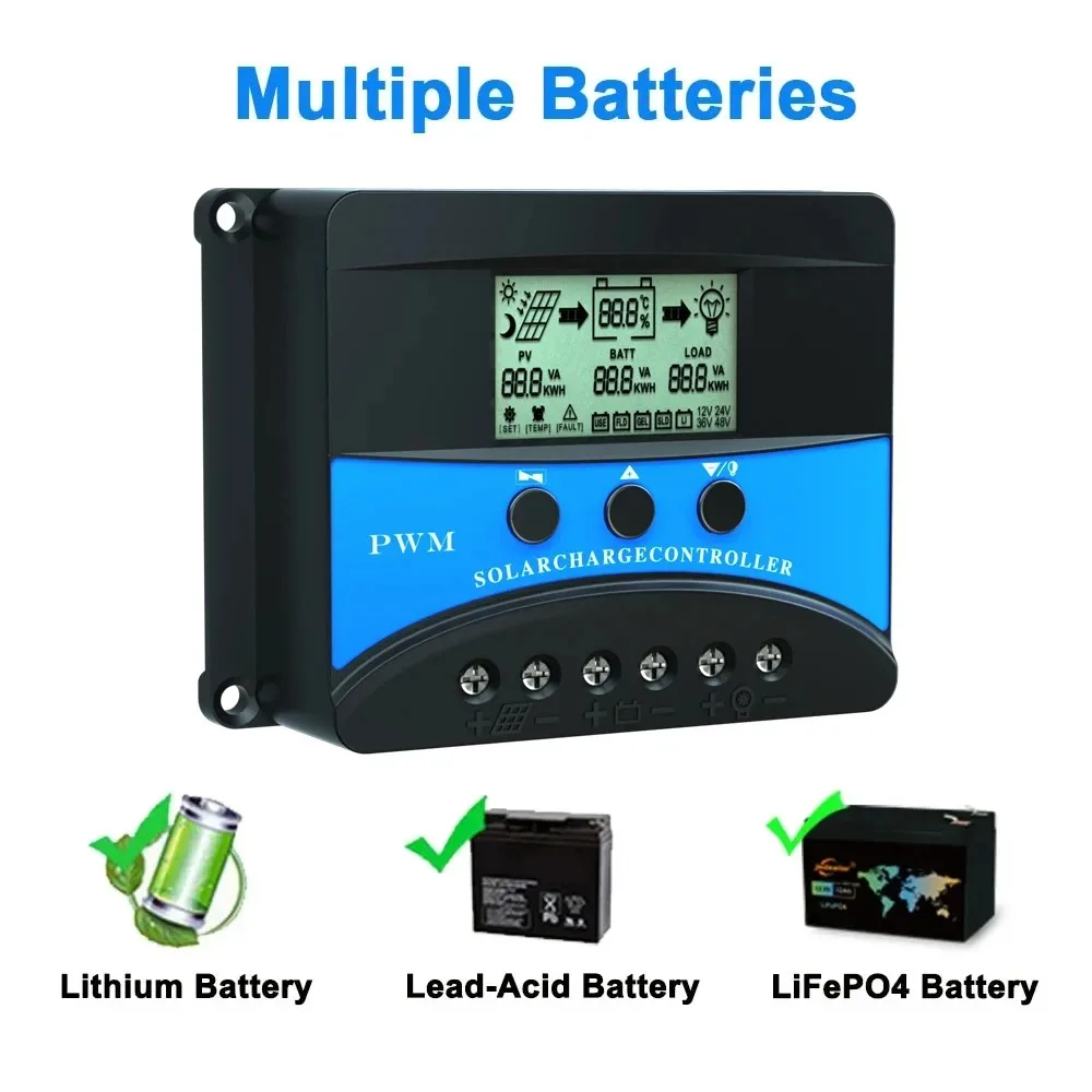 Solar Battery Charge Controller 10A 20A 30A Solar Charge Controller 12V 24V 48V PV Regulator PWM Solar Charge Discharge Controller for Lifepo4 Lithium Lead Acid