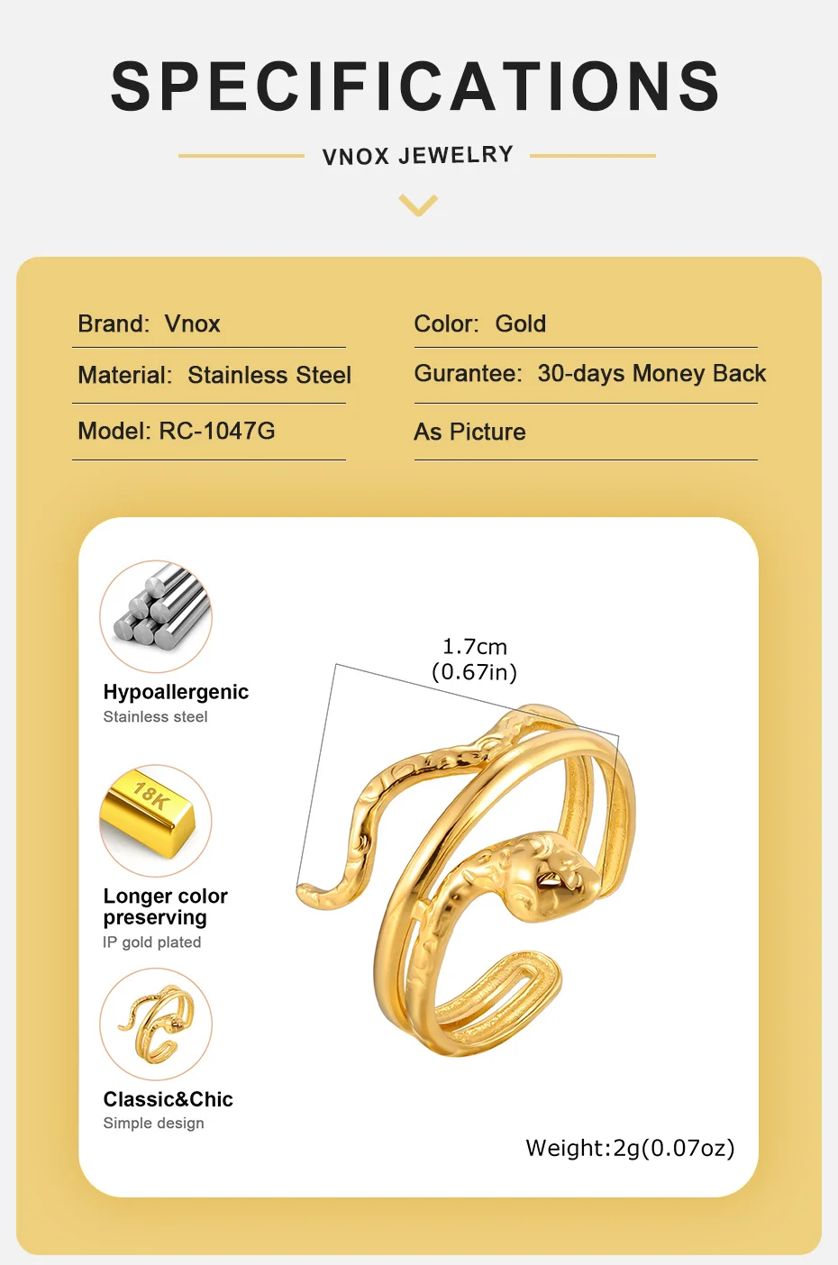 Vnox Goldfarbener Unregelmäßiger Hohler Mehrschichtiger Ring, Edelstahl Schlangenförmiger Offener Ring für Frauen, Gedrehter Offener Ring Geschenk – Detail 4