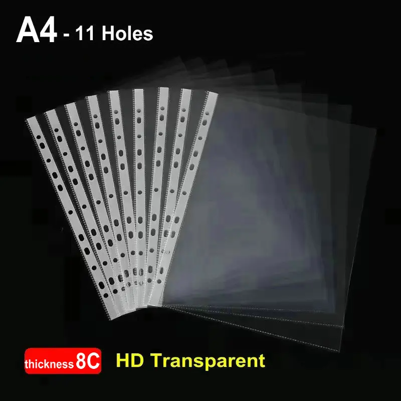50 шт. HD, прозорі рукави для швидкозшивачів формату A4, захисний лист із 11 отворами, пластикові рукави формату A4, глянцевий прозорий мішок для файлів, товщина 8C/10C
