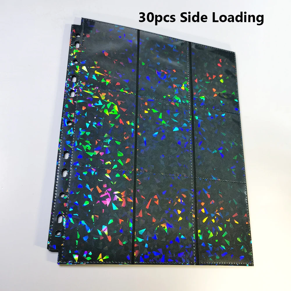 30Pcs 9 Pocket Trading Card Holographic Storage Album Foil Pages 11 Holes Fit 3 Ring Binder Side Loading Laser Idol Card Holder 2