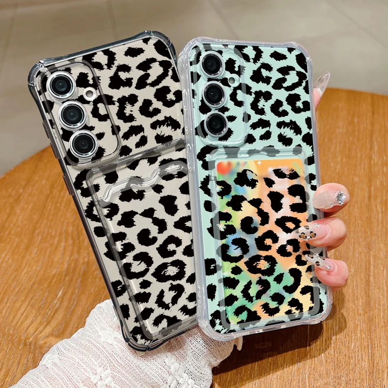 Leopard Print Clear Card Holder Phone Case Cover