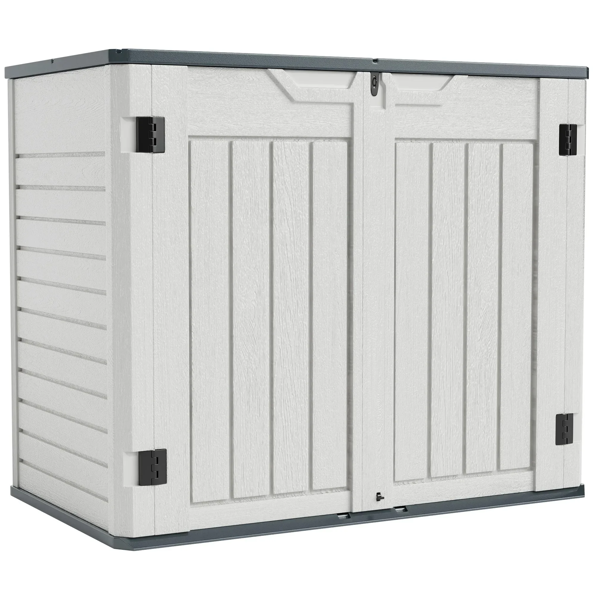 

Horizontal Utility Garbage Shed,Beige This plastic storage shed has a capacity of 27.05 cu ft