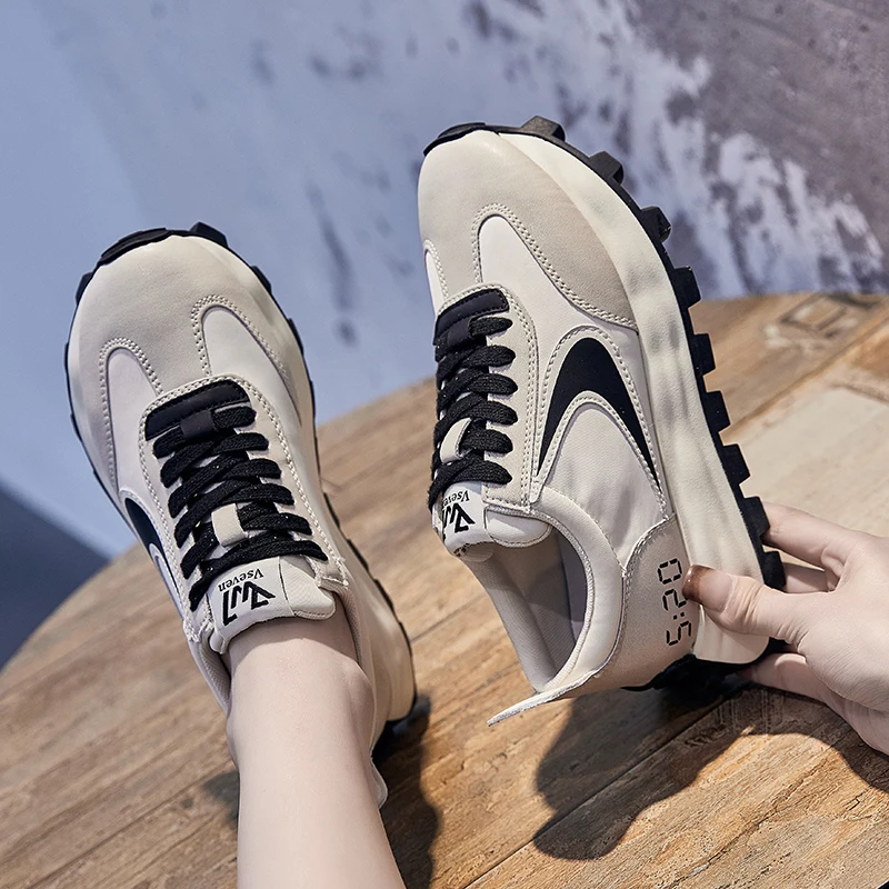Genuine Leather Spring 2023 New Explosive Color-block Breathable Women's Shoes Platform Soft Sol Athleisure Dad Shoes