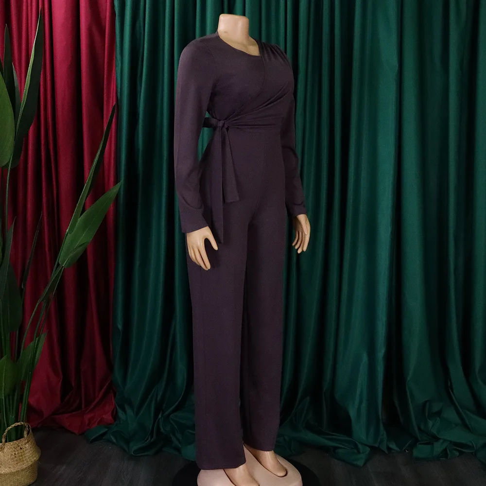 Elegant Jumpsuits & Rompers for Women Round Neck Full Sleeve Sashes Solid High Quality Luxury Female Birthday Party Dinner Cloth